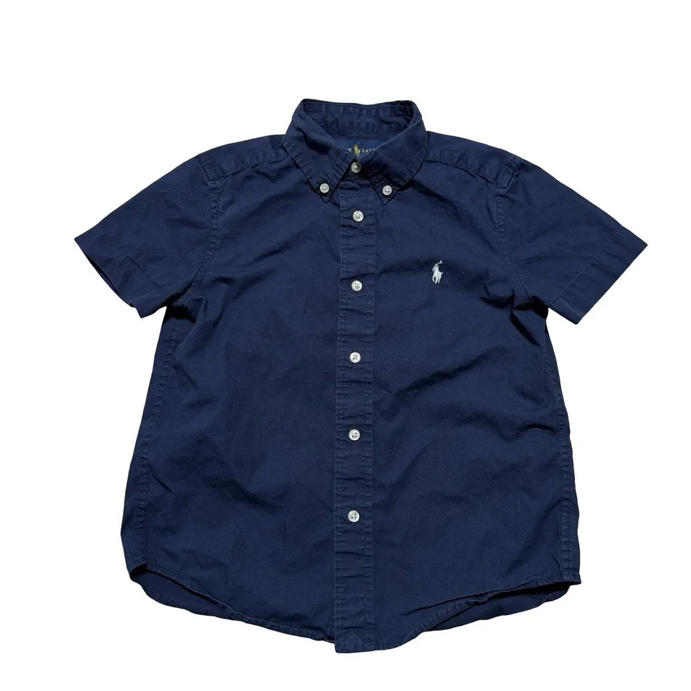 Ralph Lauren Little Boys Short Sleeve Button Down Shirt Navy Size 5 - 14 x 18